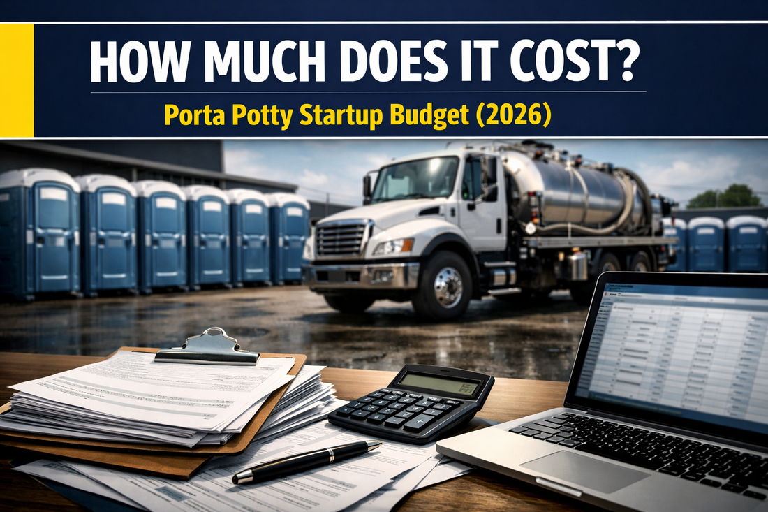 Porta potty startup cost guide showing portable toilet service truck, rows of portable toilets, and budgeting tools including clipboard, calculator, invoices, and laptop spreadsheet in an industrial yard.