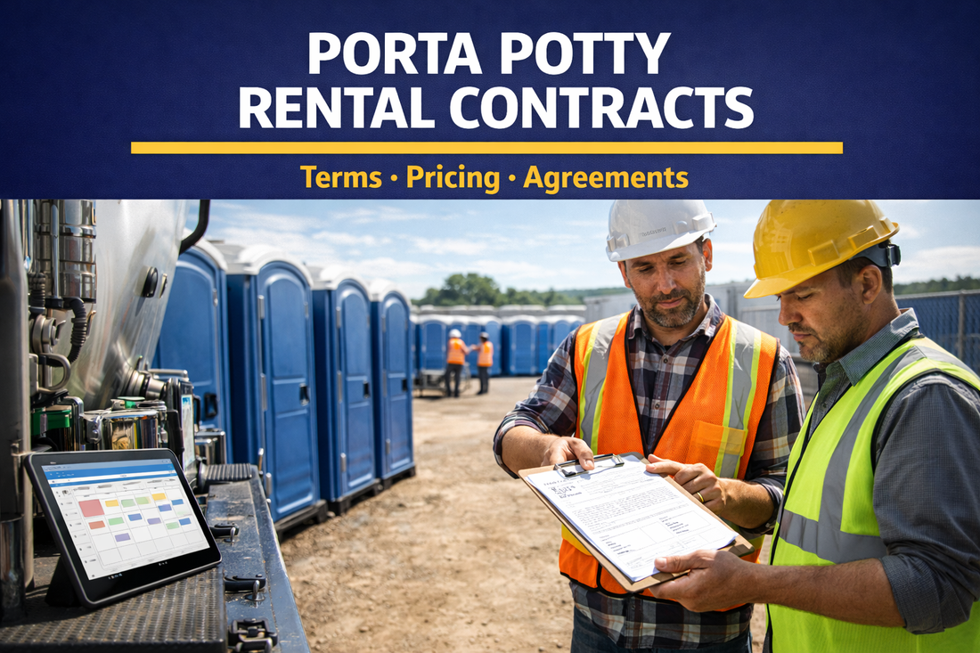 Sanitation company owner reviewing porta potty rental contract at construction site
