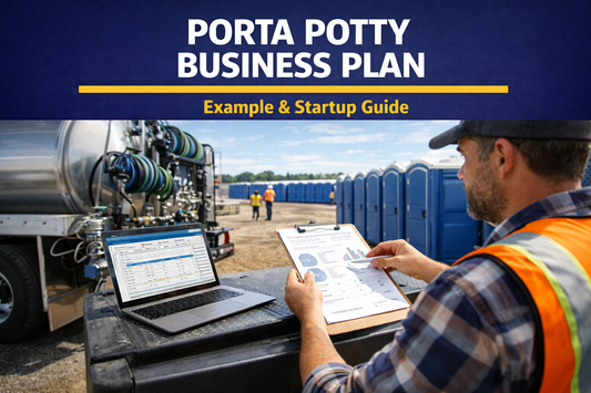 Entrepreneur reviewing portable toilet rental business plan beside sanitation service truck