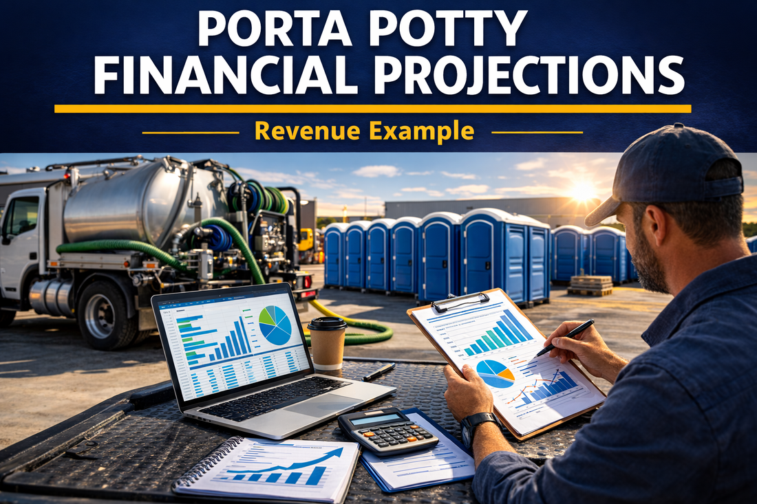 Entrepreneur reviewing portable toilet rental business financial projections beside sanitation service truck