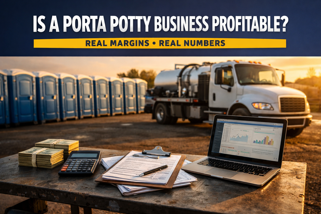 Porta potty service truck and rows of portable toilets in an industrial yard with financial documents, calculator, and laptop showing spreadsheets representing portable toilet rental business profitability.