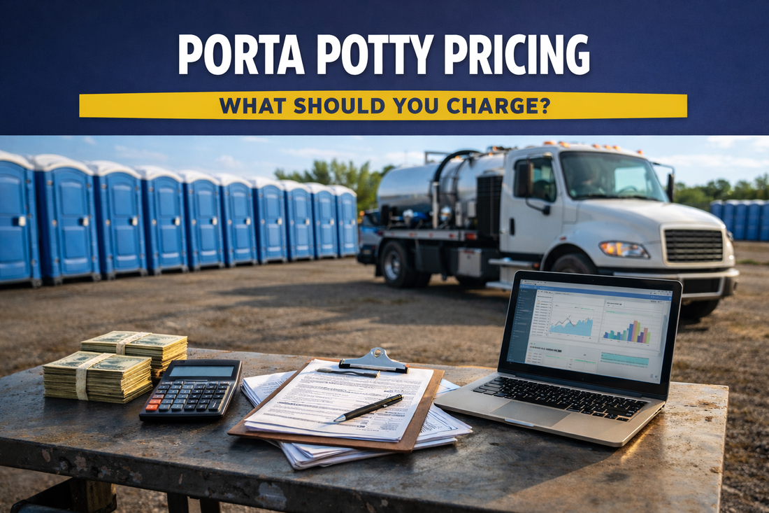 Portable toilet rental truck and rows of blue porta potties with financial paperwork and calculator in foreground representing porta potty rental pricing strategy.