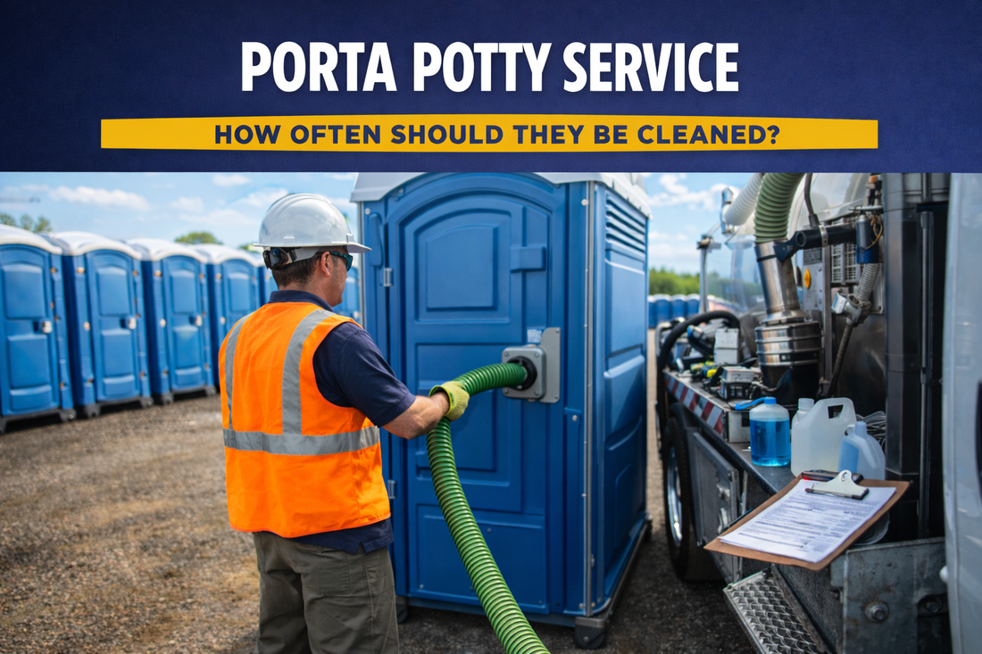 Portable toilet service truck pumping and cleaning a blue porta potty in a sanitation yard while a worker performs maintenance.