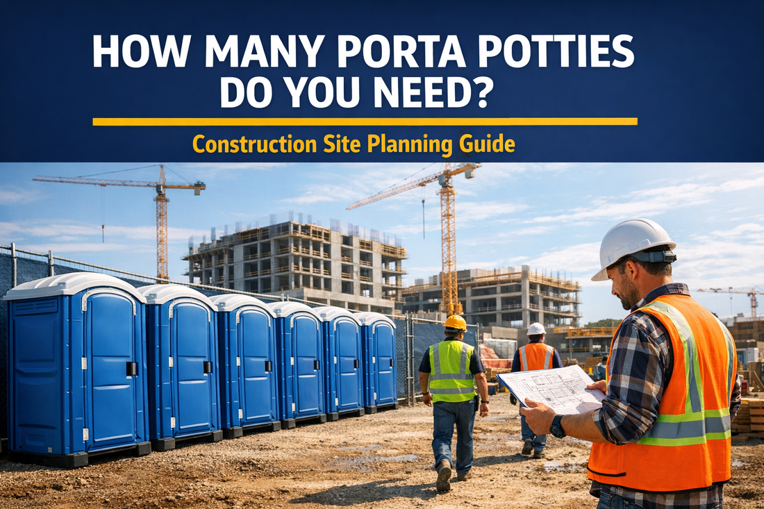 Construction site with multiple portable toilets and workers reviewing jobsite sanitation planning