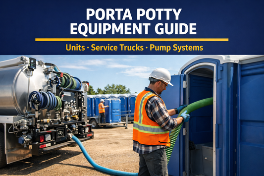 Portable toilet service truck using vacuum pump to clean porta potty units in sanitation yard