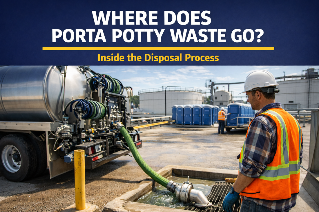 Portable toilet service truck dumping waste at wastewater treatment facility