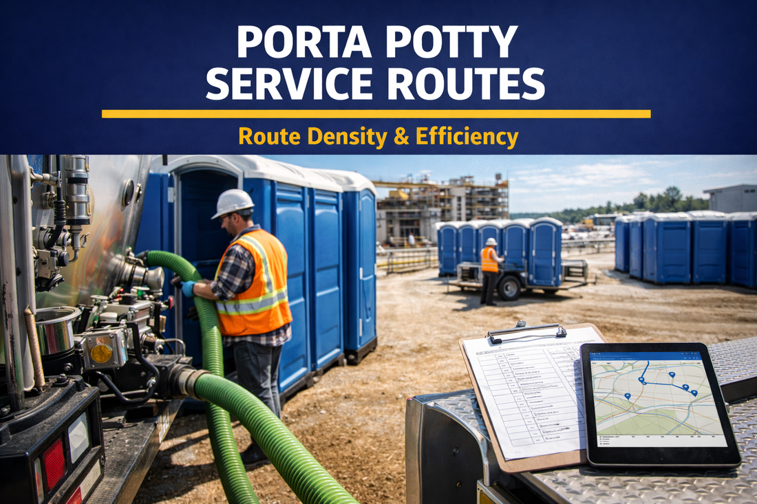 Portable toilet service truck cleaning units while technician follows sanitation service route