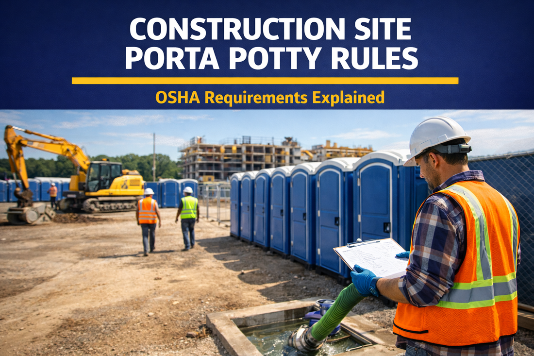 Construction site with portable toilets installed for worker sanitation compliance