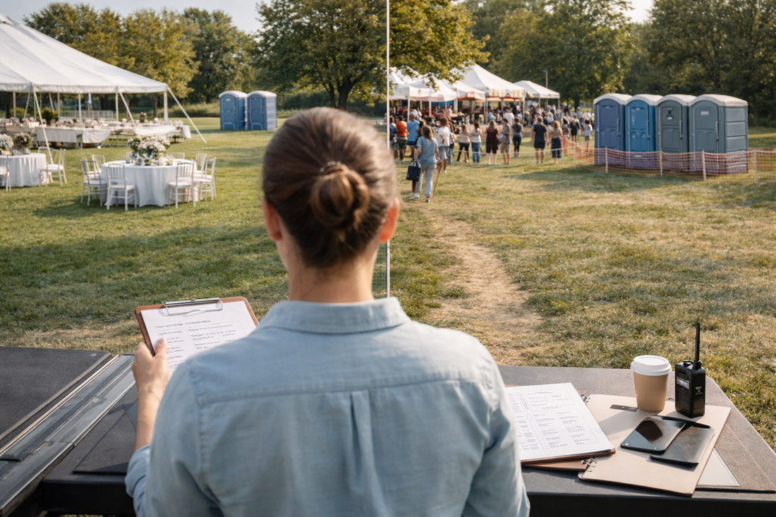 Planner comparing porta potty rental options for different outdoor event types