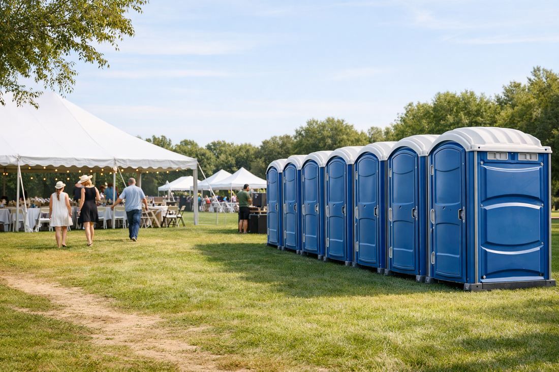 Contractor and event planner reviewing porta potty rental pricing options with portable toilets in the background
