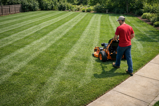 Professional lawn mowing service completing yard with clean stripes and trimmed edges