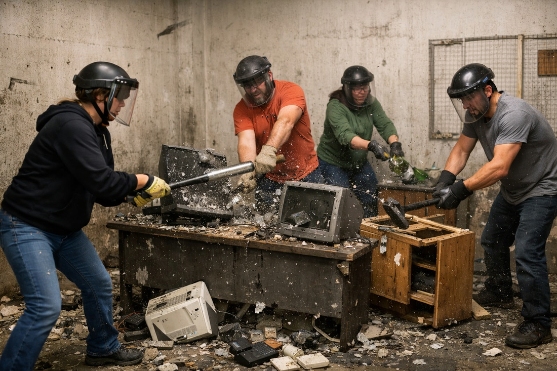 Four customers in full safety gear participating in a structured rage room experience inside a reinforced, controlled indoor destruction facility.
