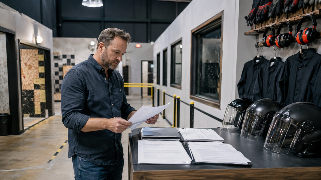 Entrepreneur reviewing liability insurance documents while inspecting a modern rage room business before opening.