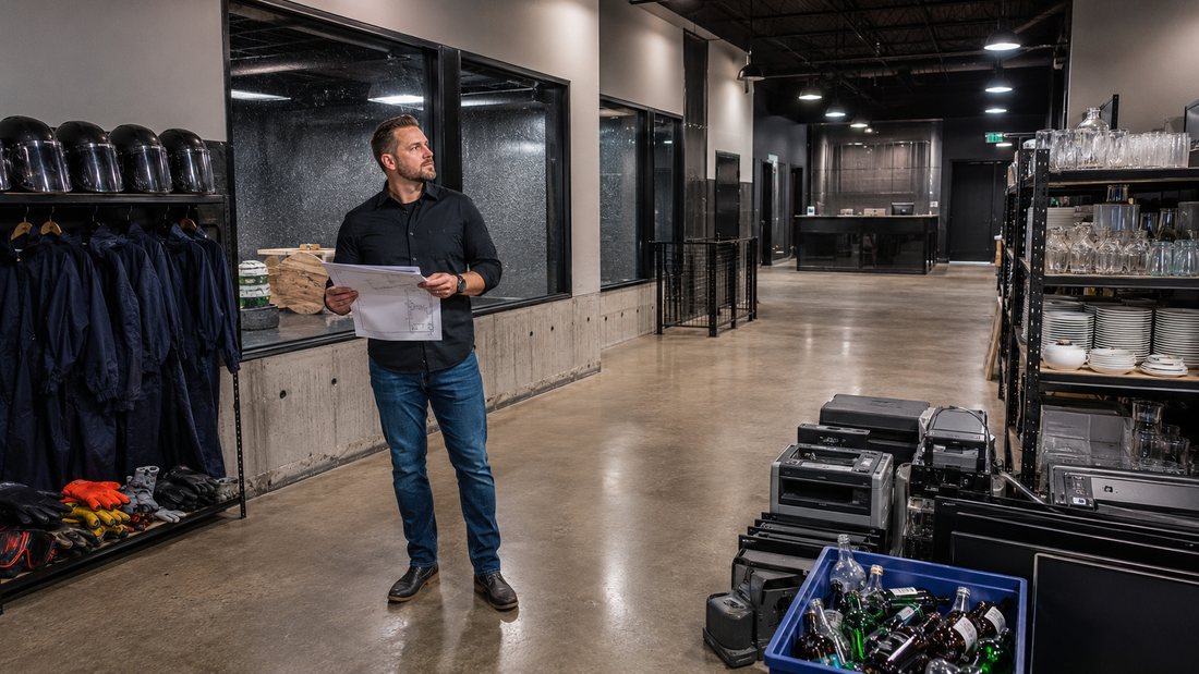 Business owner inspecting a newly built rage room facility with construction upgrades, safety equipment, and smash room inventory.