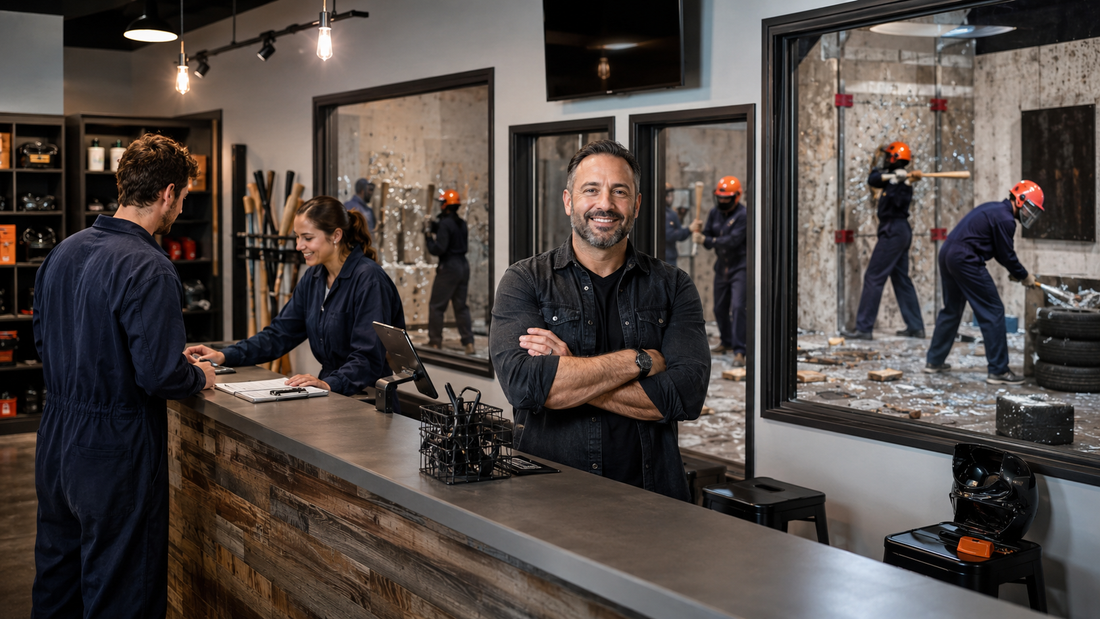 Profitable rage room business owner inside a modern smash room facility with active customer sessions.