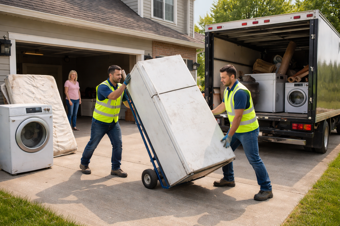 junk removal crew loading couch and household junk into truck at a suburban home driveway while homeowner reviews price estimate