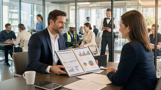 Staffing agency owner presenting a professional business plan to a commercial loan officer while recruiters interview job candidates in a modern office.