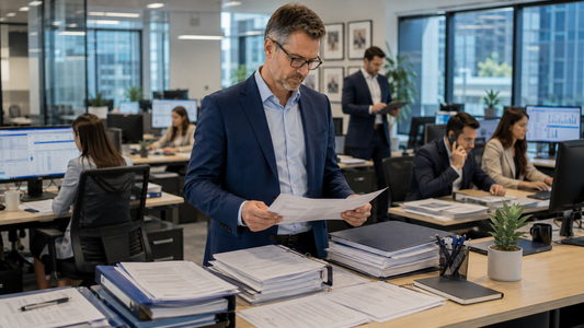 Staffing agency owner reviewing insurance policies, liability coverage, and risk management documents inside a professional recruiting office
