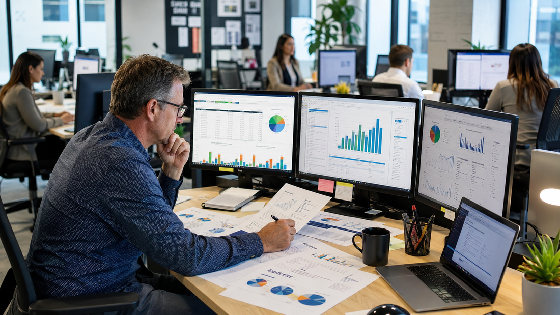 Staffing agency owner reviewing startup costs, financial projections, and business planning documents before launching a recruiting company