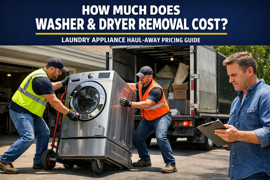 junk removal workers hauling away a washer and dryer while a homeowner reviews the removal cost estimate