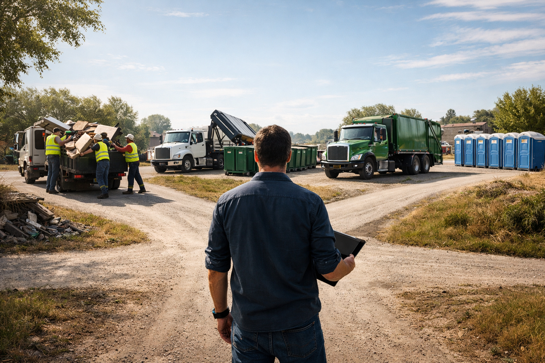 Entrepreneur deciding between junk removal, dumpster rental, garbage collection, and porta potty business models