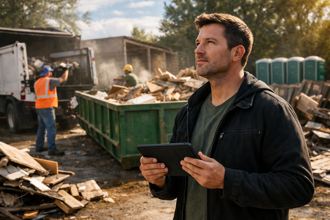 Person analyzing waste removal business income potential beside truck, dumpster, and active job site
