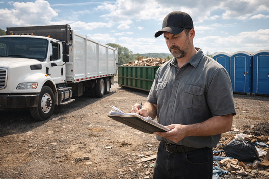 Waste removal business owner reviewing revenue opportunities beside truck, dumpster, and portable toilets