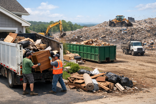 Overview of the waste removal process from pickup to landfill showing trucks and debris flow