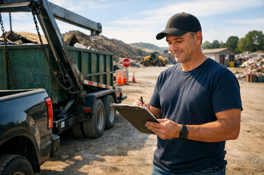 Homeowner or contractor checking local dump fees near a loaded trailer of debris