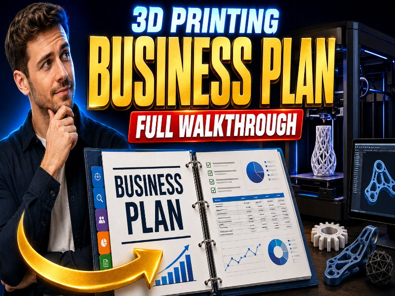 A promotional graphic for a digital or physical 3D printing business plan guide. A man in a dark shirt is shown on the left, looking thoughtfully to the right.