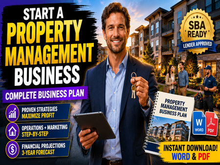 Promotional graphic for a property management business plan PDF, featuring a smiling man in a suit holding keys and a tablet, with apartment buildings in the background. Large text reads 'START A PROPERTY MANAGEMENT BUSINESS' and 'COMPLETE BUSINESS PLAN,' with badges including 'SBA READY' and file formats 'WORD & PDF' shown on a notebook cover.