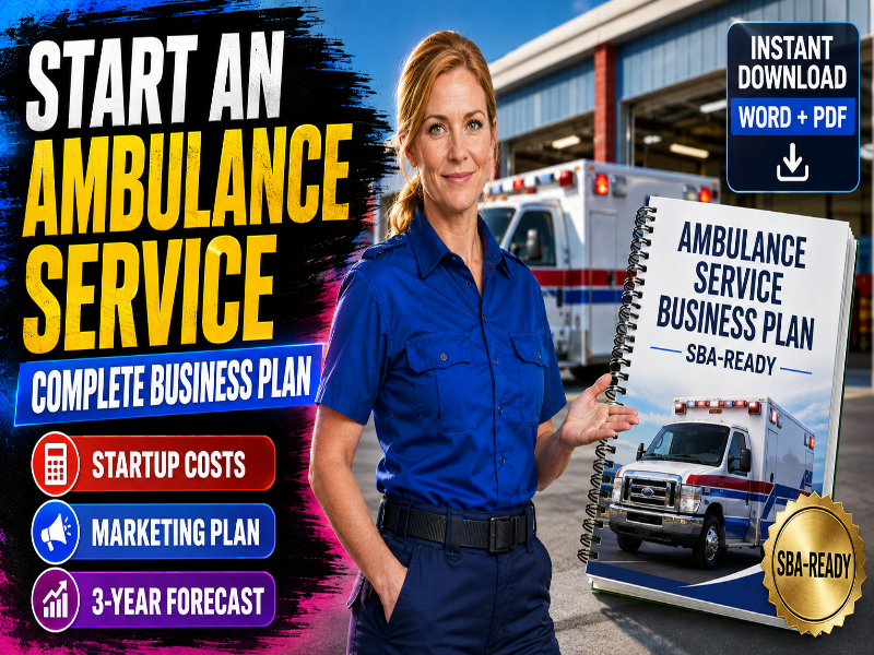 Ambulance service business plan template with startup costs, marketing plan and 3-year financial forecast