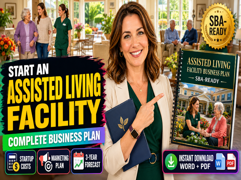 A promotional graphic for an assisted living facility business plan download. A smiling woman in a beige blazer and green top holds a navy planner and points toward a book cover titled 'Assisted Living Facility Business Plan - SBA Ready.