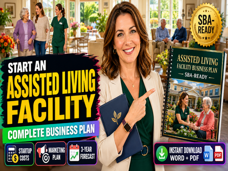 A promotional graphic for an assisted living facility business plan download. A smiling woman in a beige blazer and green top holds a navy planner and points toward a book cover titled 'Assisted Living Facility Business Plan - SBA Ready.