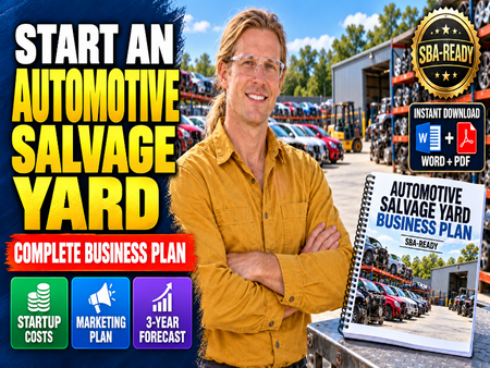 A promotional graphic for an automotive salvage yard business plan. A smiling man in a yellow shirt stands with arms crossed in front of an outdoor salvage yard, holding a spiral-bound book titled 'Automotive Salvage Yard Business Plan SBA-Ready.