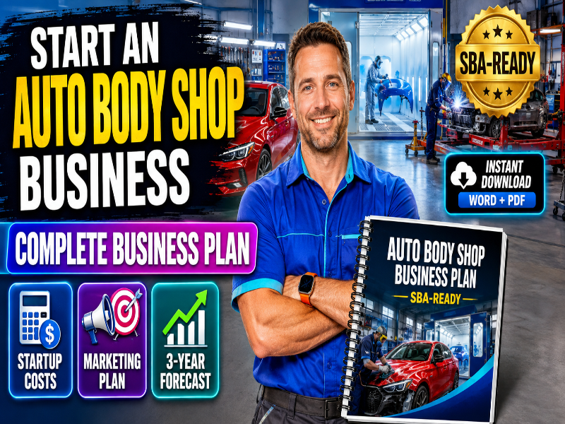 Promotional graphic for an 'Auto Body Shop Business Plan' ebook, featuring a smiling man in a blue mechanic's uniform standing in a garage with a car, alongside the ebook cover, 'SBA-Ready' badge, and various business plan feature icons.