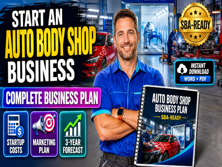 Promotional graphic for an 'Auto Body Shop Business Plan' ebook, featuring a smiling man in a blue mechanic's uniform standing in a garage with a car, alongside the ebook cover, 'SBA-Ready' badge, and various business plan feature icons.