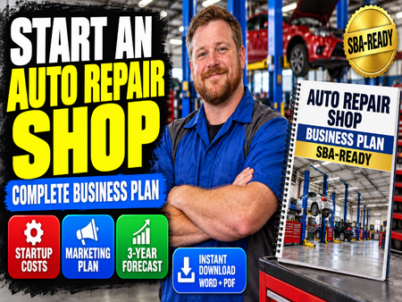 Promotional graphic for an auto repair shop business plan ebook. A smiling man in a blue mechanic uniform stands in a garage setting next to the ebook cover, which reads 'AUTO REPAIR SHOP BUSINESS PLAN SBA-READY'.