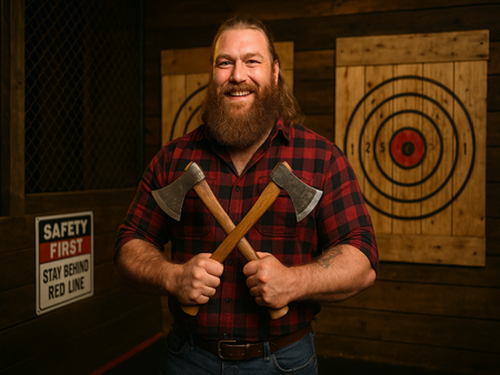 Axe throwing business owner holding two axes in front of wooden target boards – image used for BPlanMaker’s SBA-ready axe throwing business plan template in Word and PDF format.