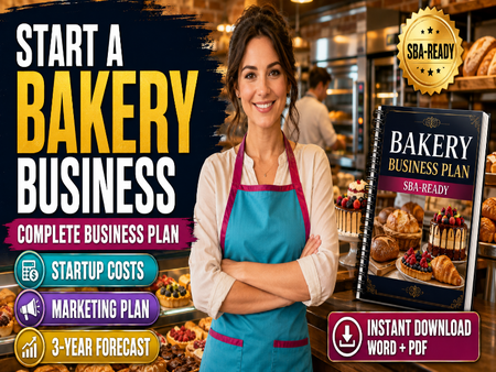 Promotional graphic for a bakery business plan ebook, featuring a smiling woman in a blue apron in a bakery setting, a copy of the 'Bakery Business Plan SBA-Ready' ebook, and multiple text and badge overlays detailing the plan's contents.