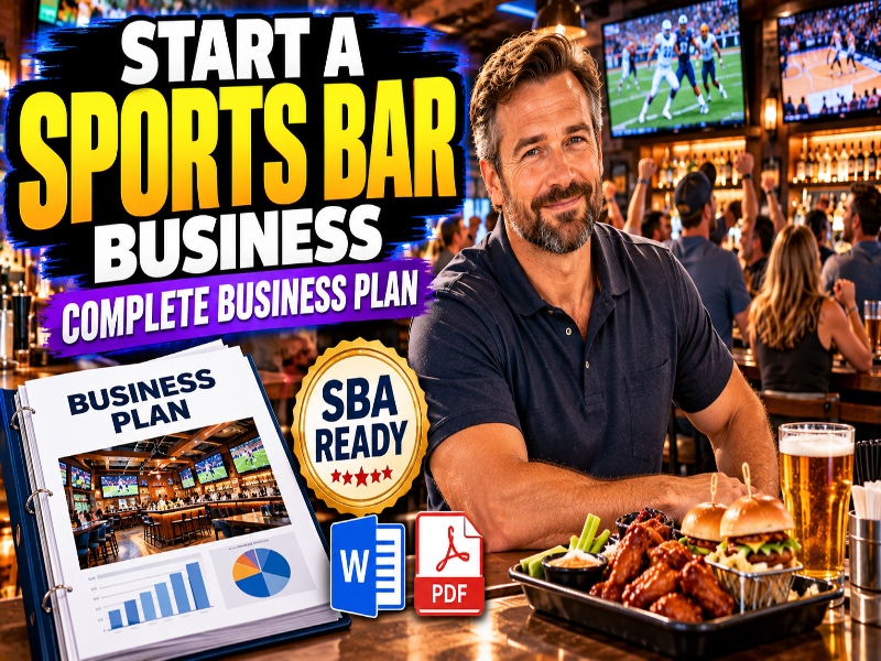 Promotional graphic for a sports bar business plan, featuring a smiling man sitting at a bar counter with food and drinks, large text reading 'START A SPORTS BAR BUSINESS COMPLETE BUSINESS PLAN,' a mock business plan binder, and a gold 'SBA READY' badge.