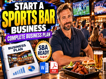 Promotional graphic for a sports bar business plan, featuring a smiling man sitting at a bar counter with food and drinks, large text reading 'START A SPORTS BAR BUSINESS COMPLETE BUSINESS PLAN,' a mock business plan binder, and a gold 'SBA READY' badge.
