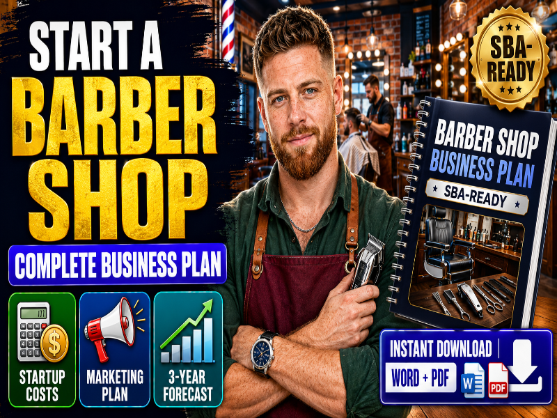 Promotional graphic for a barber shop business plan download, featuring a bearded man in a barbershop holding an electric clippers, a spiral-bound business plan booklet, and large text reading 'START A BARBER SHOP' with icons for startup costs, marketing plan, and 3-year forecast.