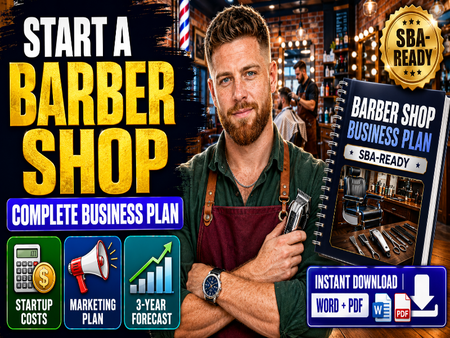 Promotional graphic for a barber shop business plan download, featuring a bearded man in a barbershop holding an electric clippers, a spiral-bound business plan booklet, and large text reading 'START A BARBER SHOP' with icons for startup costs, marketing plan, and 3-year forecast.