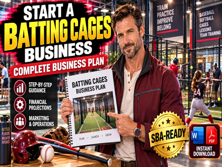 A promotional graphic for a digital business plan titled 'BATTING CAGES BUSINESS PLAN'. A man in a maroon jacket holds up the cover of the booklet.