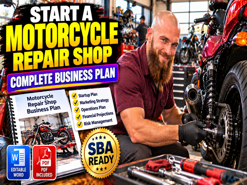 Promotional graphic for a downloadable motorcycle repair shop business plan template. A smiling bearded man in a garage works on a motorcycle, with large text reading 'START A MOTORCYCLE REPAIR SHOP' and 'COMPLETE BUSINESS PLAN.