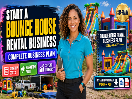 A promotional graphic for a 'Bounce House Rental Business' digital plan, featuring a smiling woman in a blue polo shirt standing in front of a colorful bouncy castle. The graphic includes text overlays such as 'Start a Bounce House Rental Business', 'Complete Business Plan', and 'SBA-Ready'.