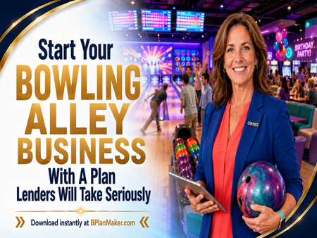 Promotional graphic for 'Bowling Alley Business' featuring a smiling woman in a blue blazer and coral top holding a colorful bowling ball, with bowling alley action in the background and large text on the left.