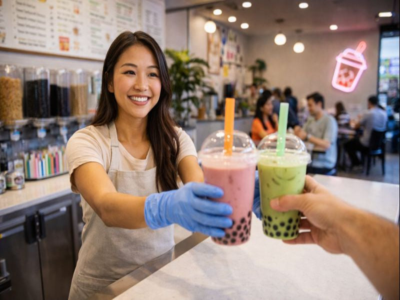 Person receiving bubble tea from a smiling barista in a cafe.
