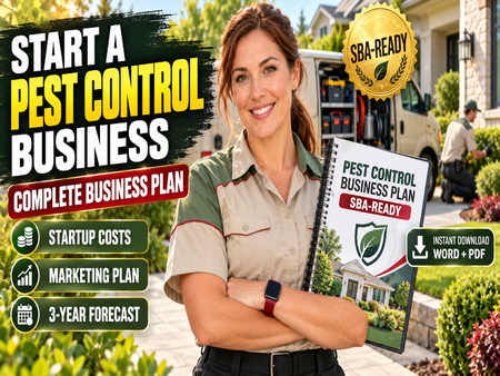 A promotional graphic for a pest control business plan download, featuring a smiling woman in a pest control uniform holding a spiral notebook cover that reads 'Pest Control Business Plan SBA-READY'. The background shows a residential outdoor setting with a vehicle and another person.